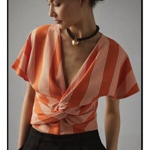 Anthro bishop & young  Orange White Striped Twist Front V-Neck Crop Top boho Y2K